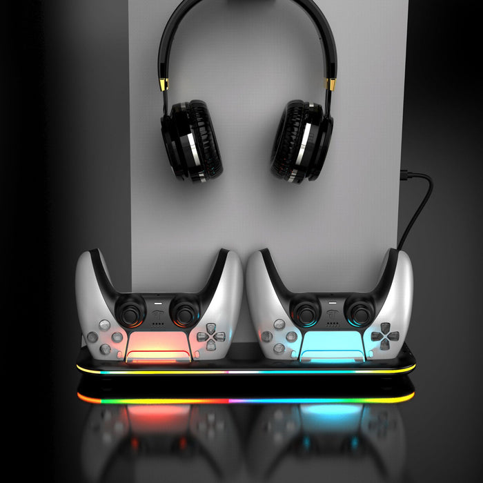 A charging dock for the PS5, featuring RGB lighting, designed for both controllers and headsets.