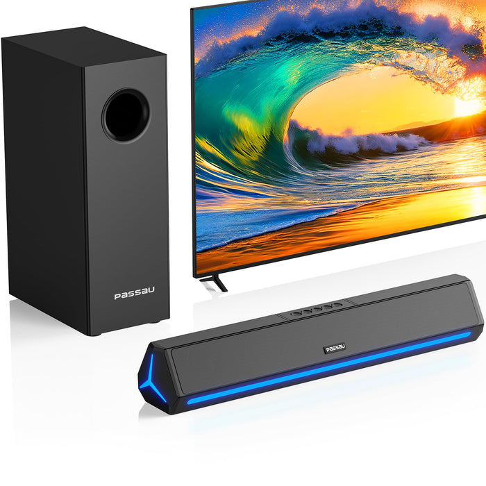 Passau Sound Bar for Smart TV with Subwoofer 2.1ch TV Speakers Small Soundbar Deep Bass PC Gaming Monitor Sound Bars Bluetooth/AUX/HDMI(ARC) Connection-16 Inch.