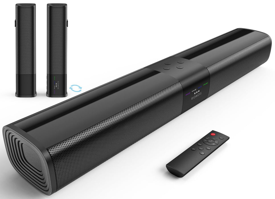 RIOWOIS Sound Bar for Smart TV, 2-in-1 Detachable Home Audio Soundbar Speaker, 20" Sound Bar for TV with Optical/AUX/HDMI-ARC/Bluetooth Connection for PC/Gaming/Projectors, Wall Mountable.