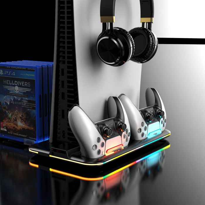 A charging dock for the PS5, featuring RGB lighting, designed for both controllers and headsets.